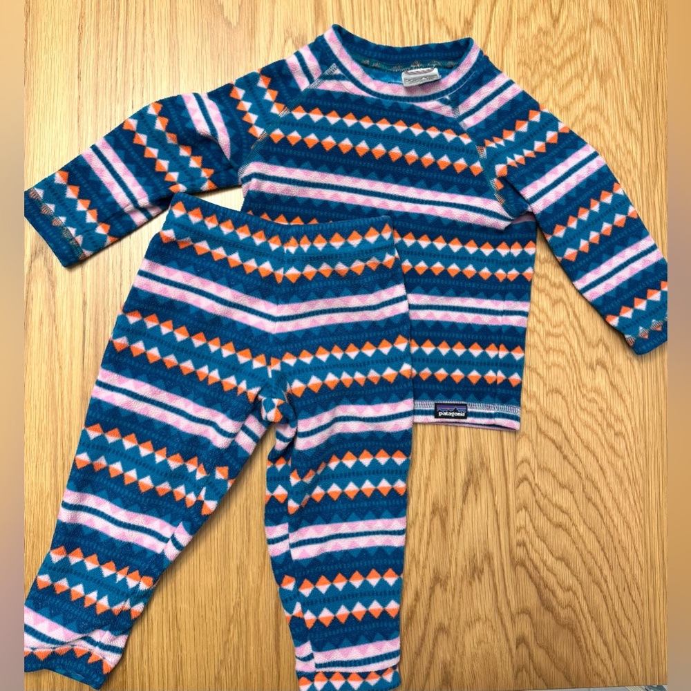 Patagonia BabyD fleece crew and pants Diamond Stripe Marble Pink 12-18m